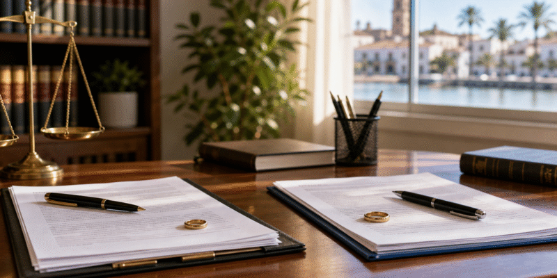 Despacho de abogado de divorcio en Huelva con documentos familiares y anillos separados sobre la mesa