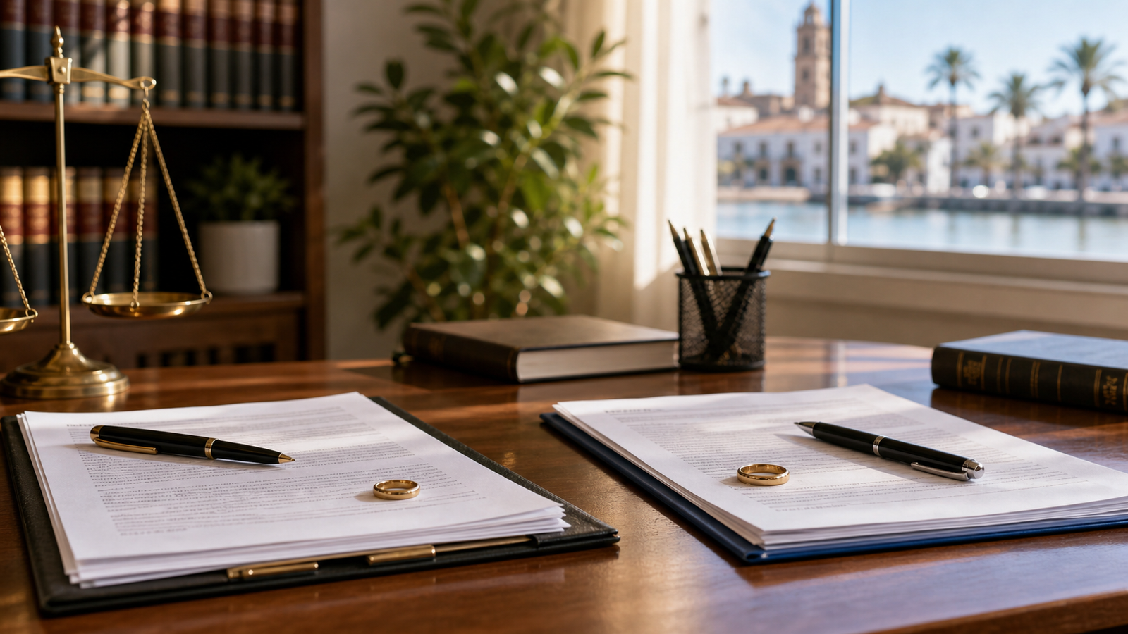 Despacho de abogado de divorcio en Huelva con documentos familiares y anillos separados sobre la mesa