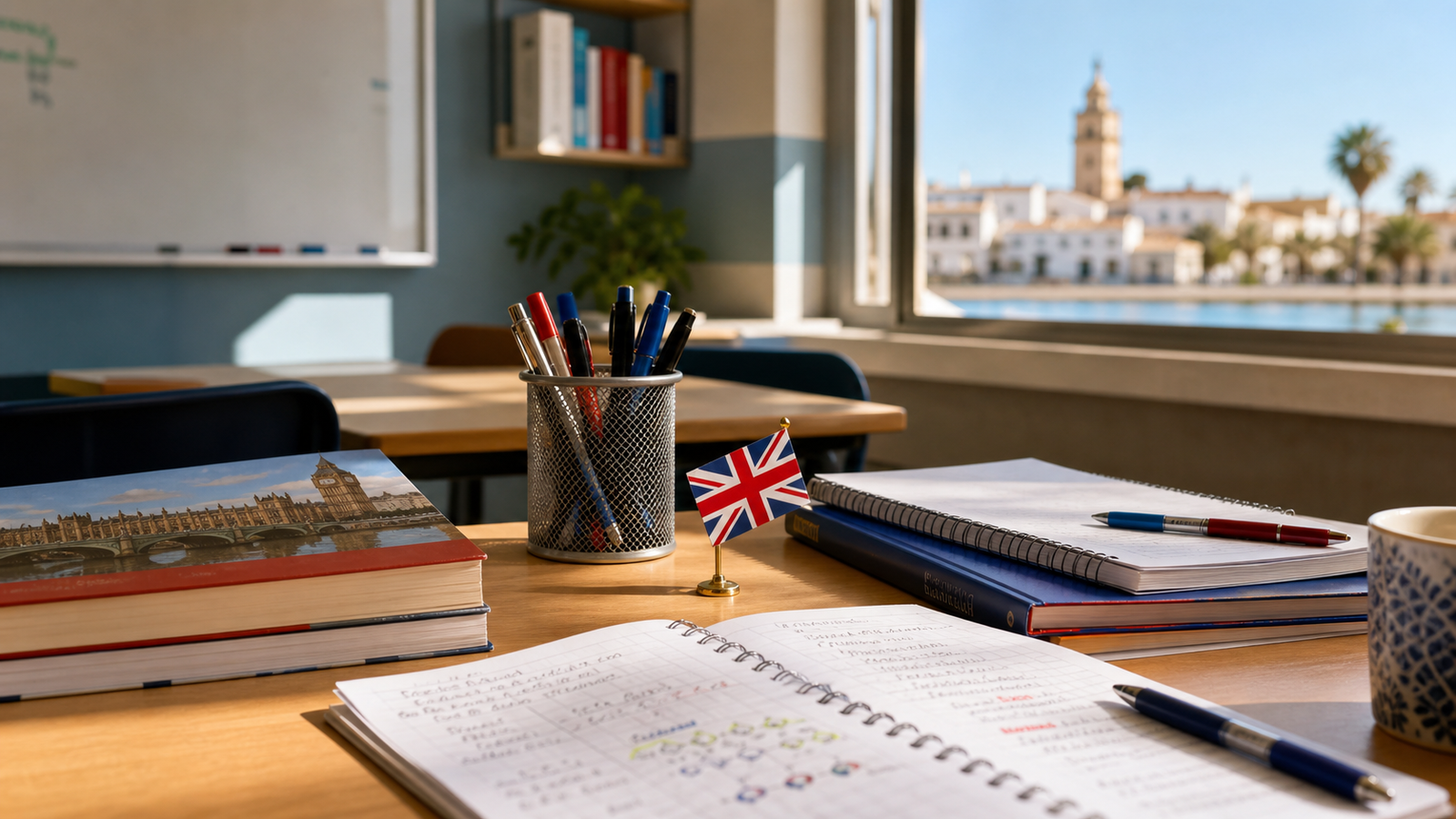 Clase de inglés en una academia de Huelva con cuadernos y material de estudio