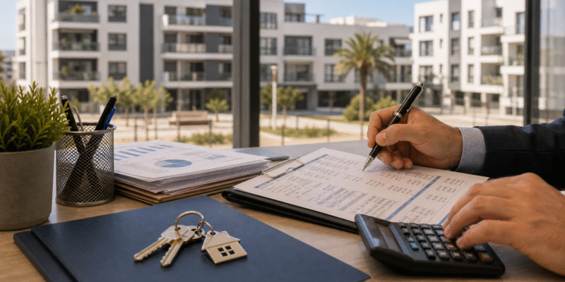 Administrador de fincas en Huelva revisando documentos de una comunidad de propietarios