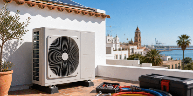 Unidad exterior de aerotermia en una vivienda de Huelva con placas solares
