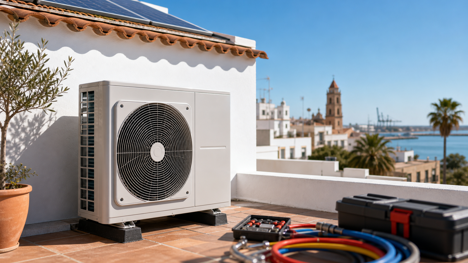 Unidad exterior de aerotermia en una vivienda de Huelva con placas solares