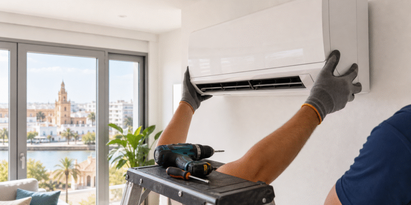 Instalador de aire acondicionado en Huelva colocando un split en una vivienda