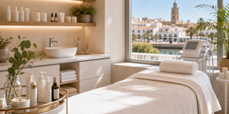 Sala luminosa de un centro de estética en Huelva con camilla y productos de cuidado facial
