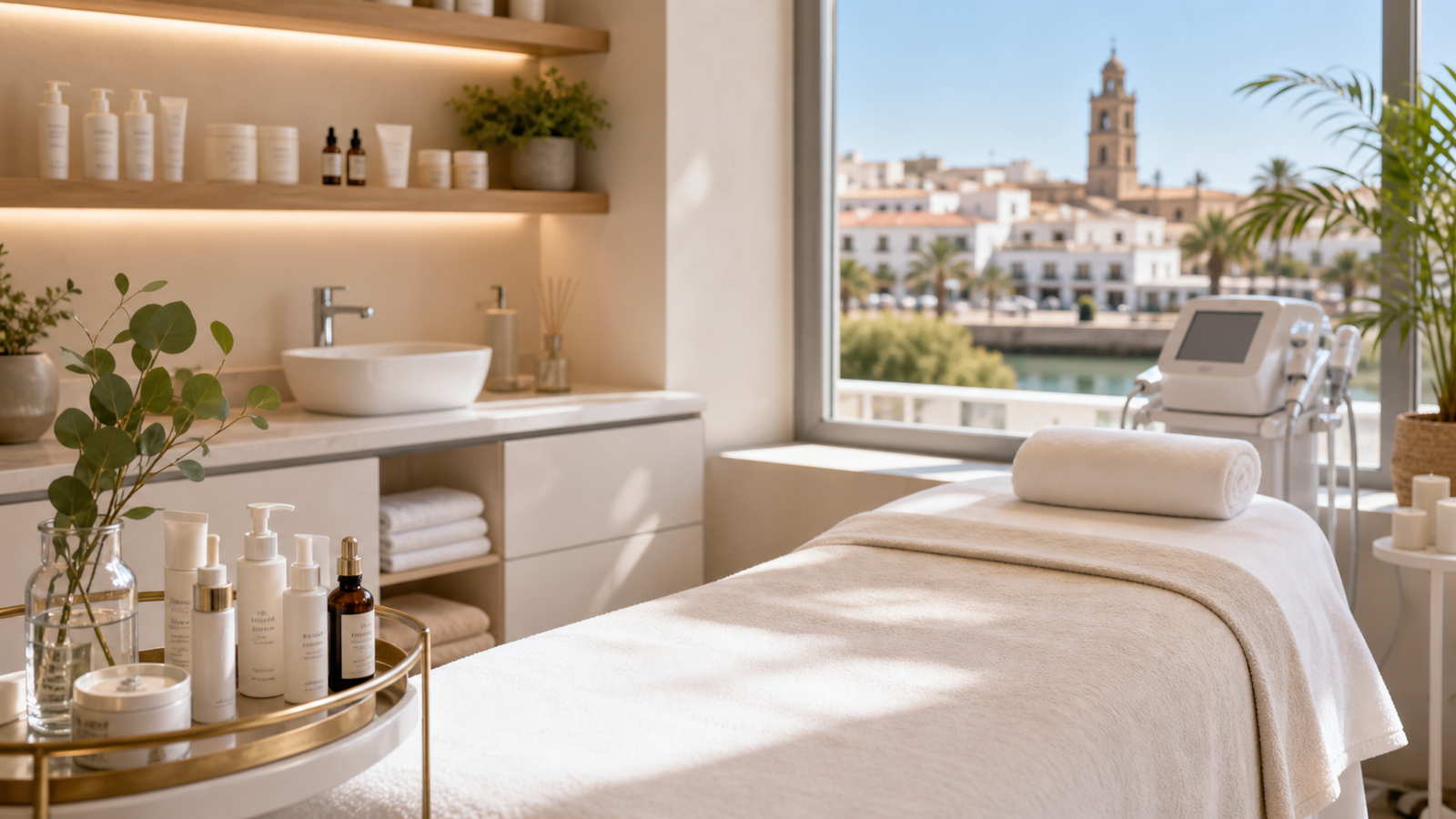 Sala luminosa de un centro de estética en Huelva con camilla y productos de cuidado facial