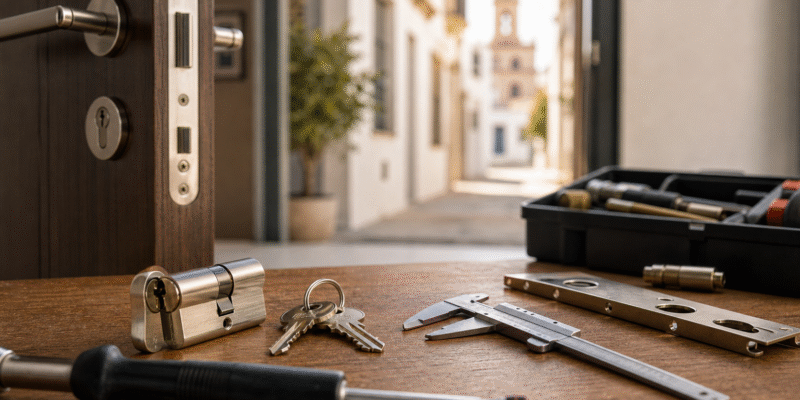 Bombín de cerradura y herramientas para contratar cerrajeros en Huelva