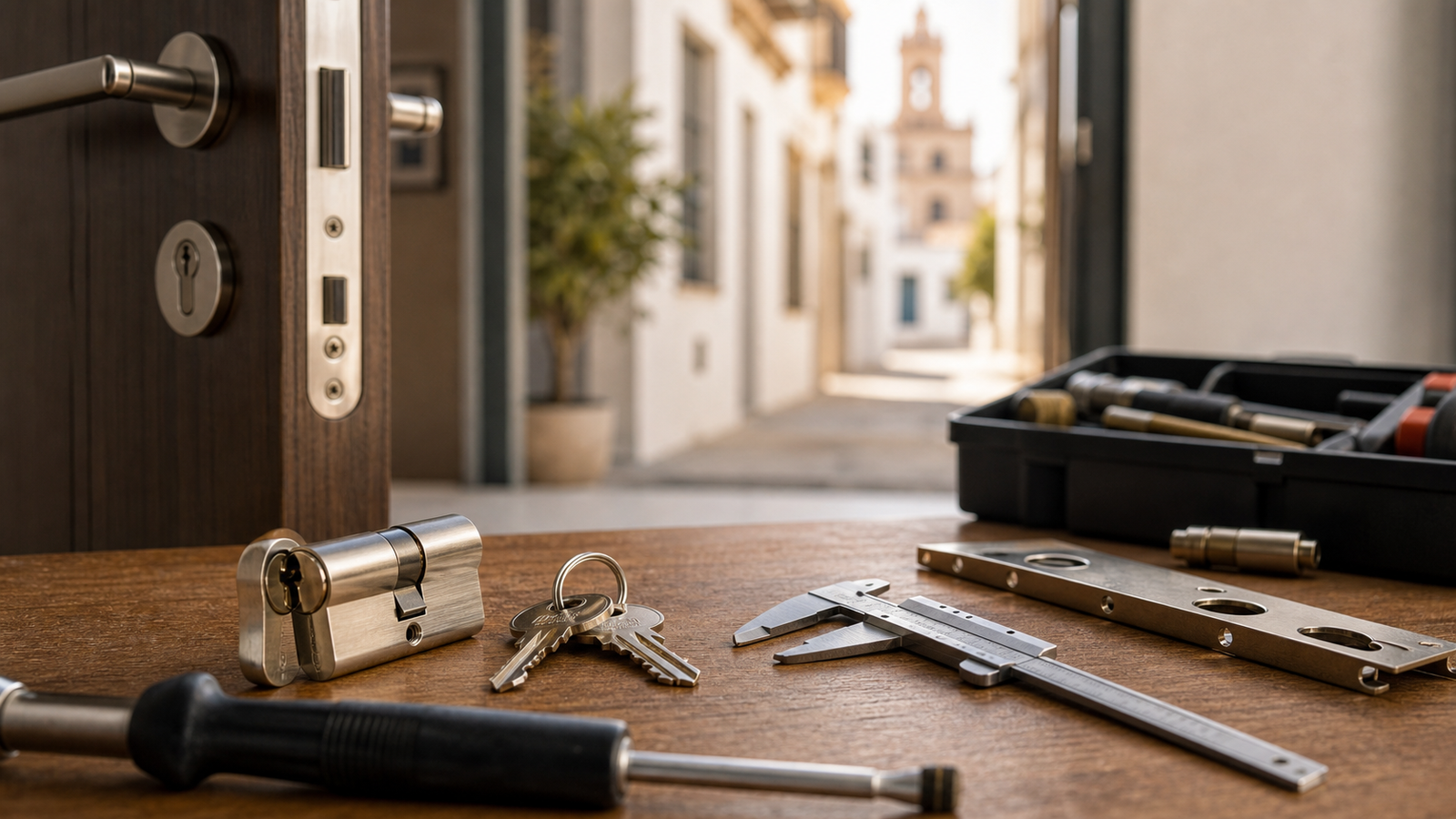 Bombín de cerradura y herramientas para contratar cerrajeros en Huelva