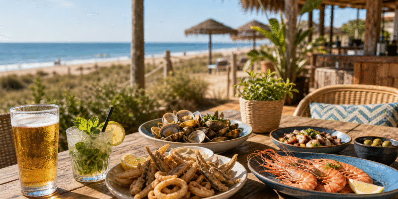 Chiringuito en una playa de Huelva con mesas, marisco, sombrillas y el mar al fondo