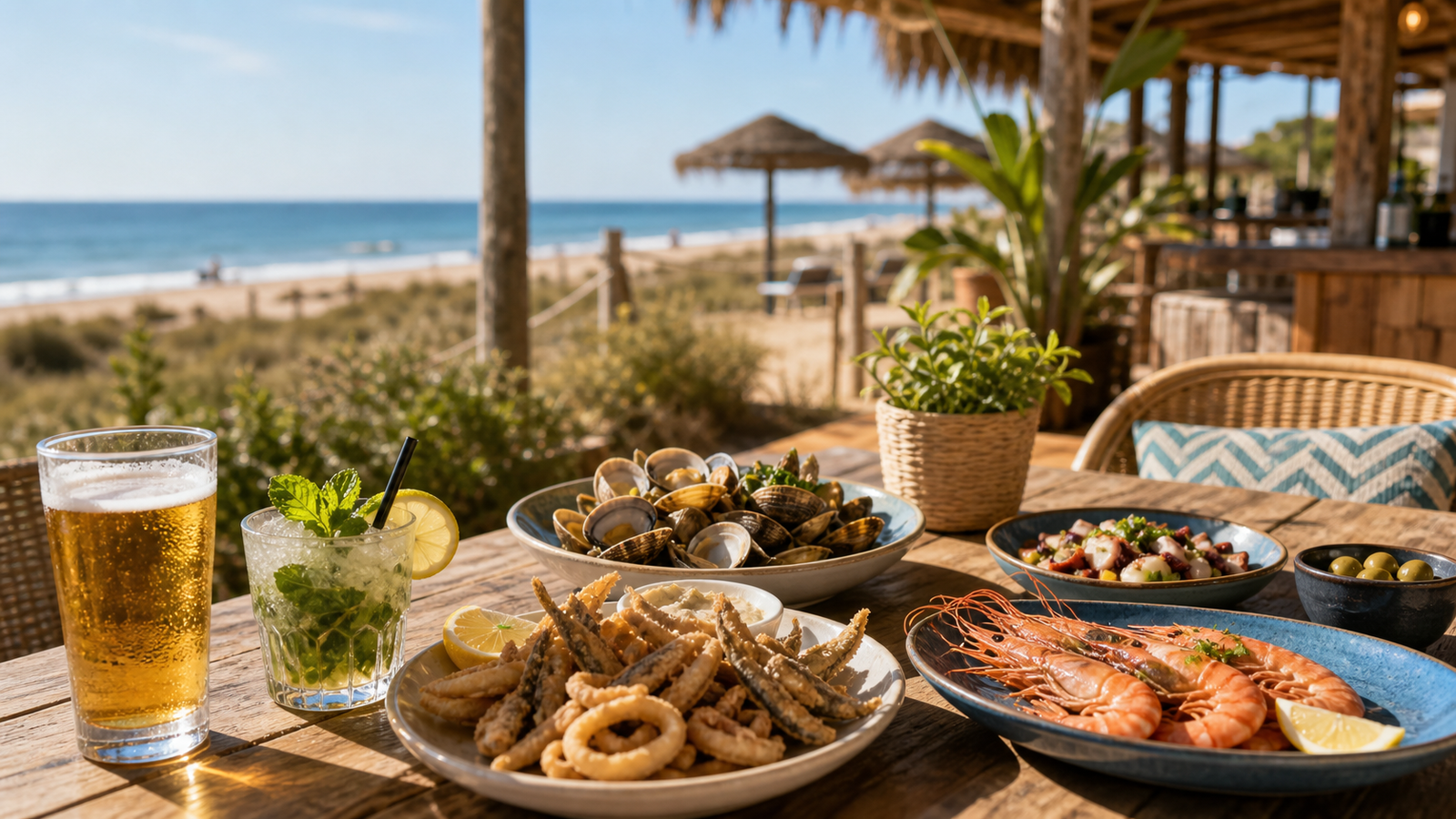 Chiringuito en una playa de Huelva con mesas, marisco, sombrillas y el mar al fondo