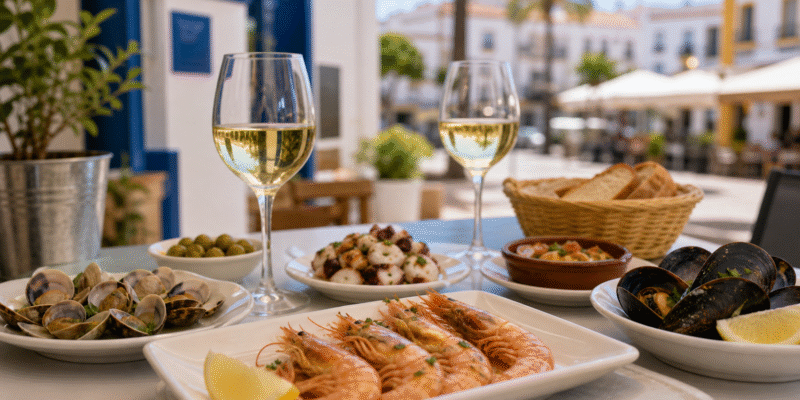 Mesa con tapas, marisco y platos típicos para comer en Huelva