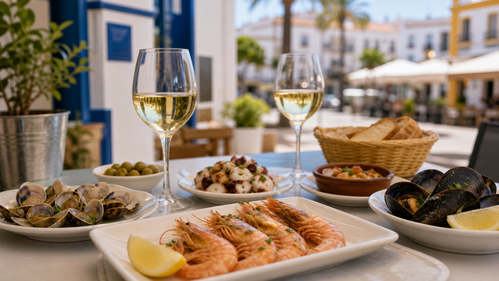 Mesa con tapas, marisco y platos típicos para comer en Huelva