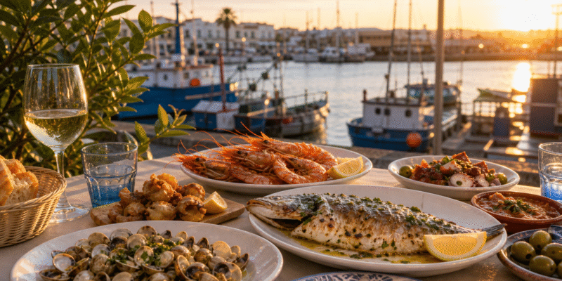 Mesa con pescado y marisco junto al puerto de Isla Cristina