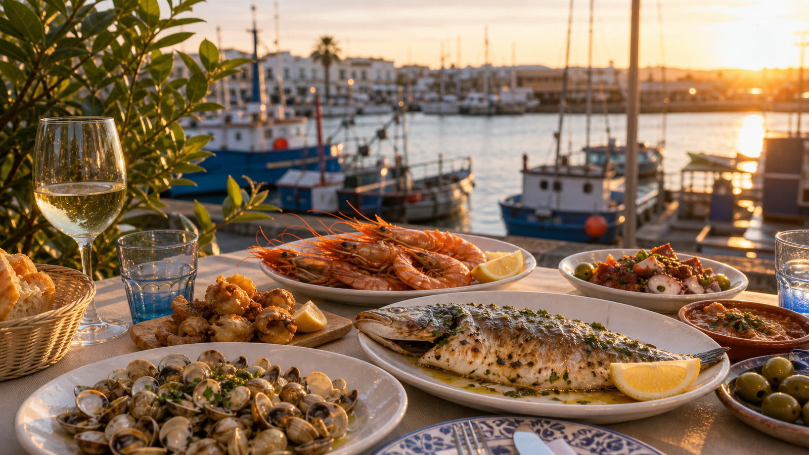 Mesa con pescado y marisco junto al puerto de Isla Cristina