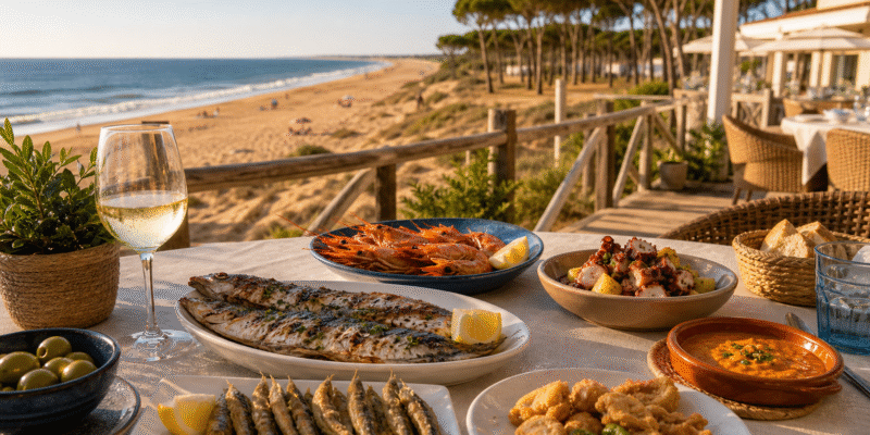 Mesa con pescado y marisco en una terraza junto a la playa de Punta Umbría