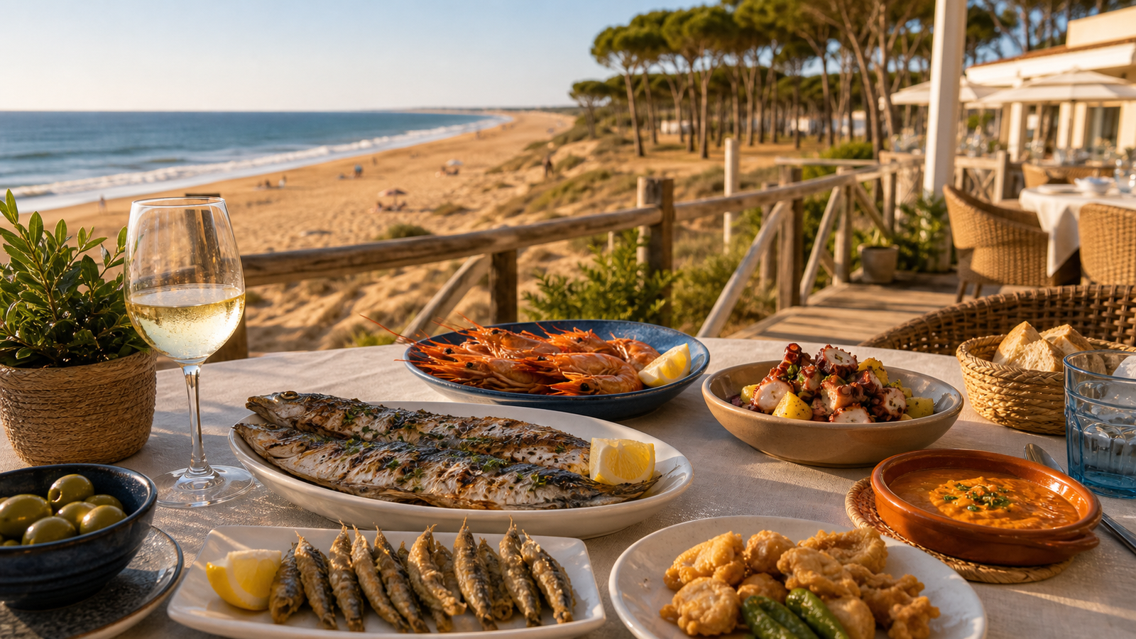 Mesa con pescado y marisco en una terraza junto a la playa de Punta Umbría