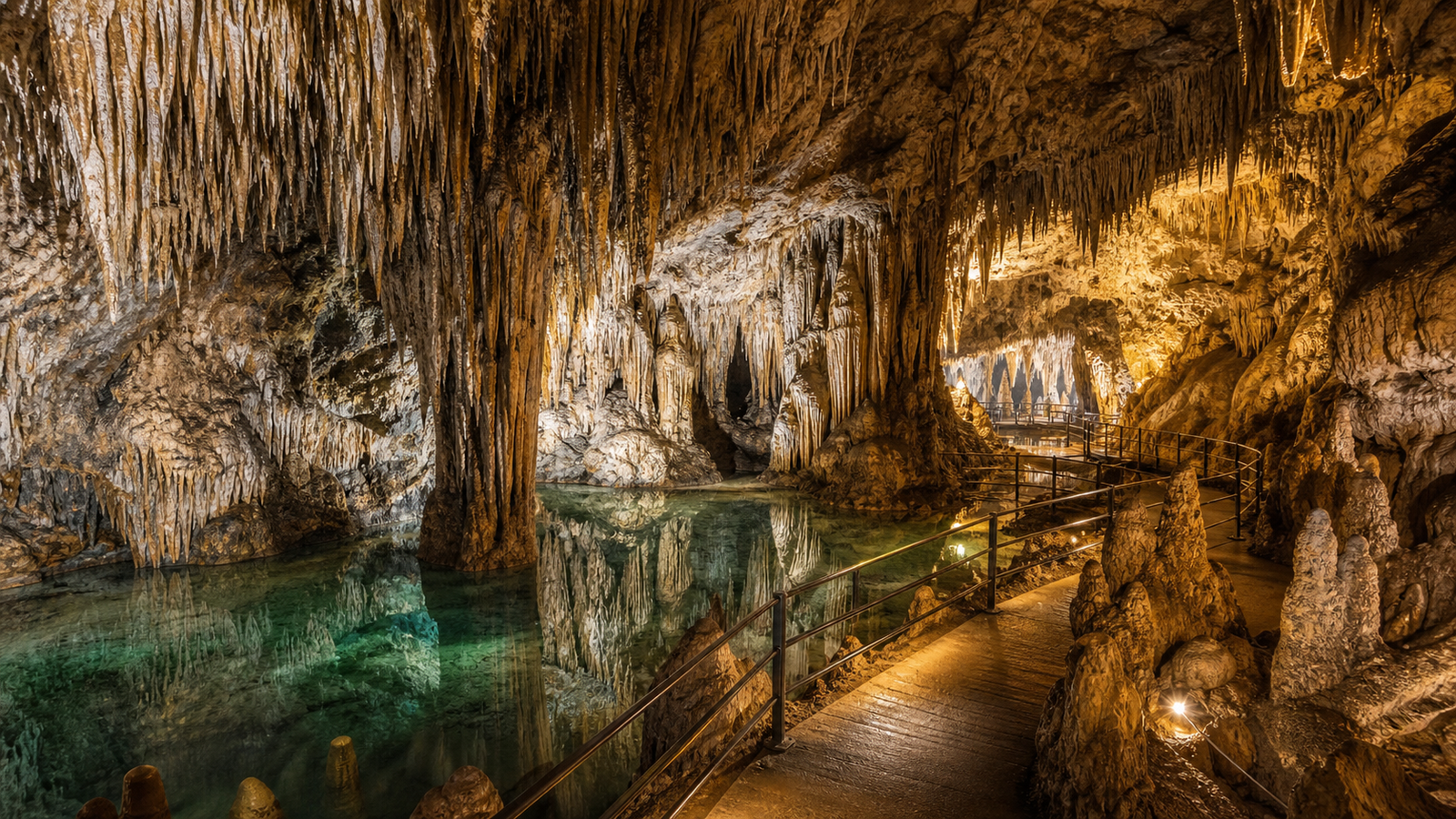 Interior de la Gruta de las Maravillas con formaciones y lago subterráneo