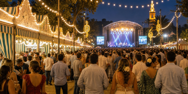 Ambiente nocturno de conciertos y feria en las Fiestas Colombinas de Huelva
