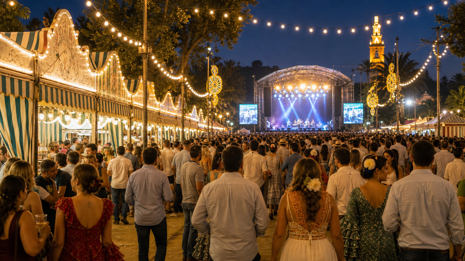Ambiente nocturno de conciertos y feria en las Fiestas Colombinas de Huelva