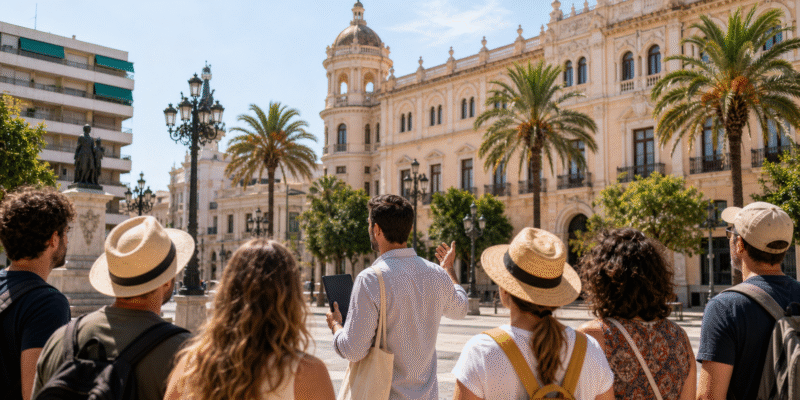Grupo haciendo un free tour por el centro de Huelva con guía local