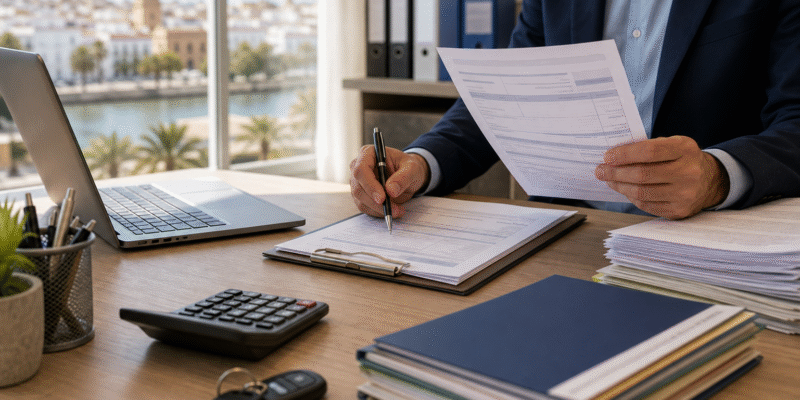 Gestoría en Huelva revisando documentos fiscales y trámites administrativos