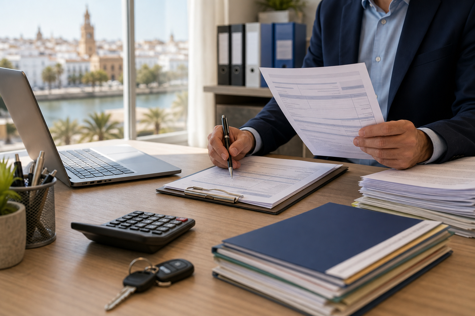 Gestoría en Huelva revisando documentos fiscales y trámites administrativos