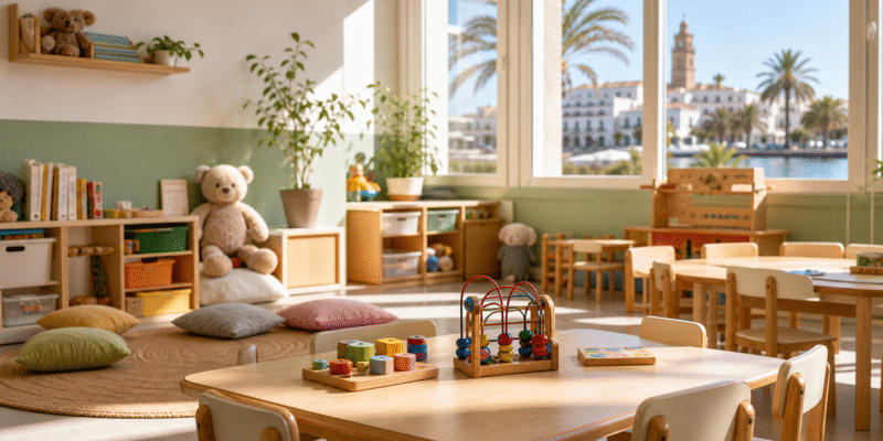 Aula luminosa de guardería en Huelva con material infantil y sillas pequeñas