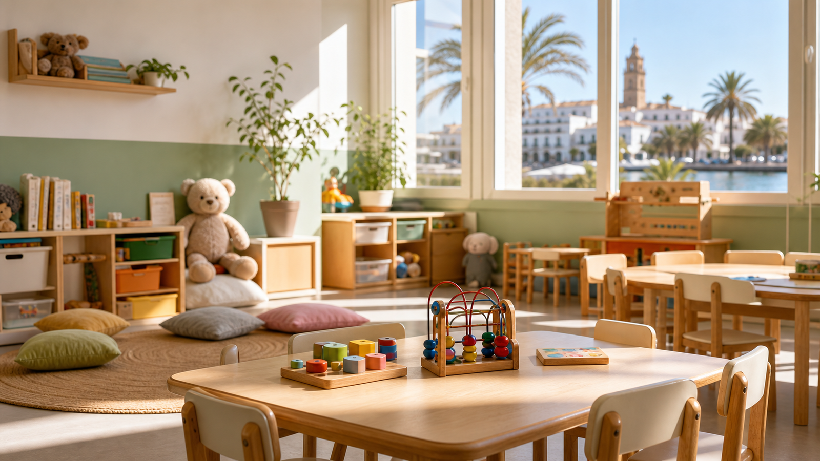 Aula luminosa de guardería en Huelva con material infantil y sillas pequeñas
