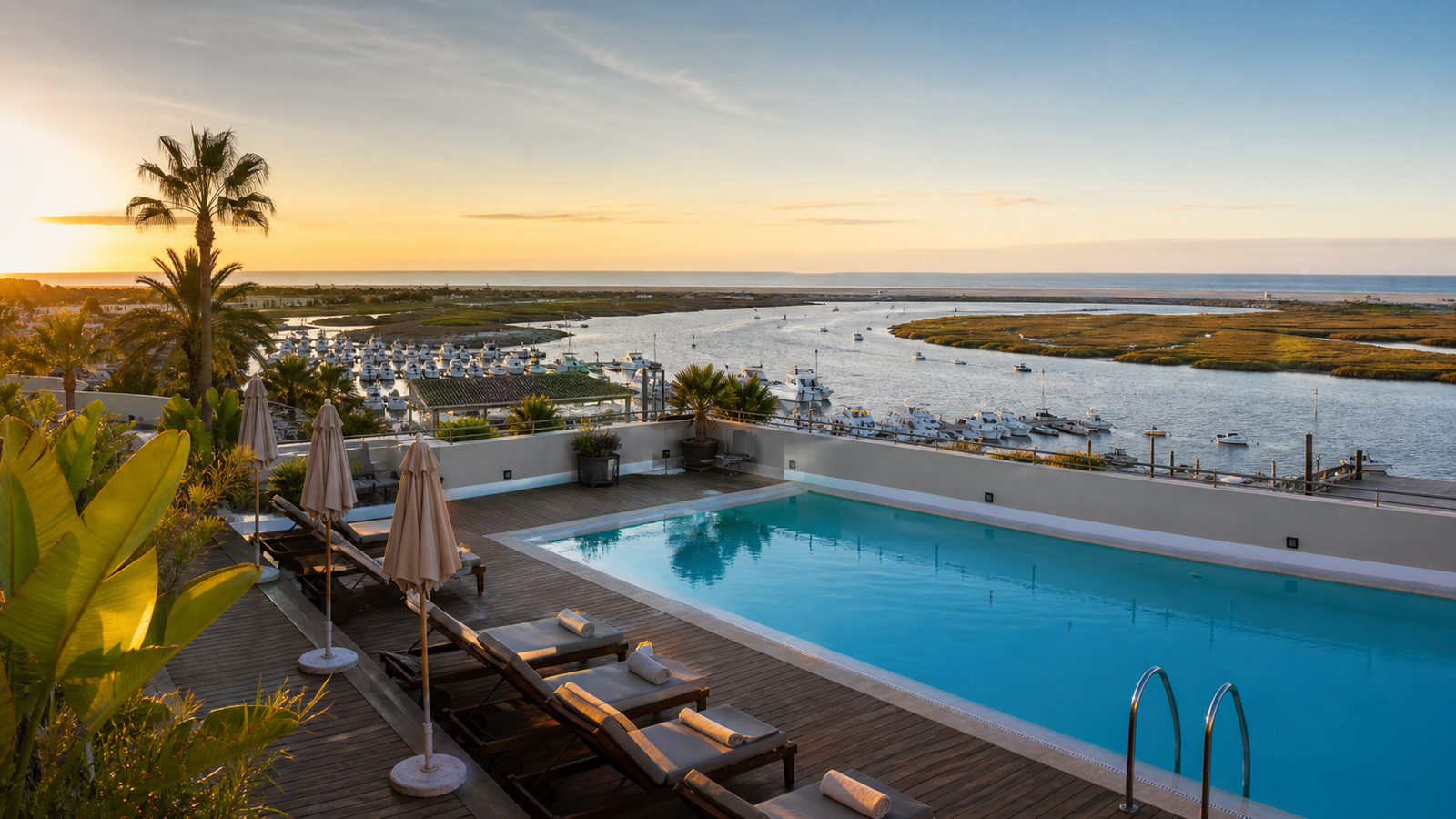 Hotel con piscina junto a la ría de El Rompido y la costa de Huelva al fondo