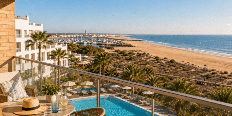 Hotel frente a la playa en Isla Cristina con piscina y costa de Huelva al fondo