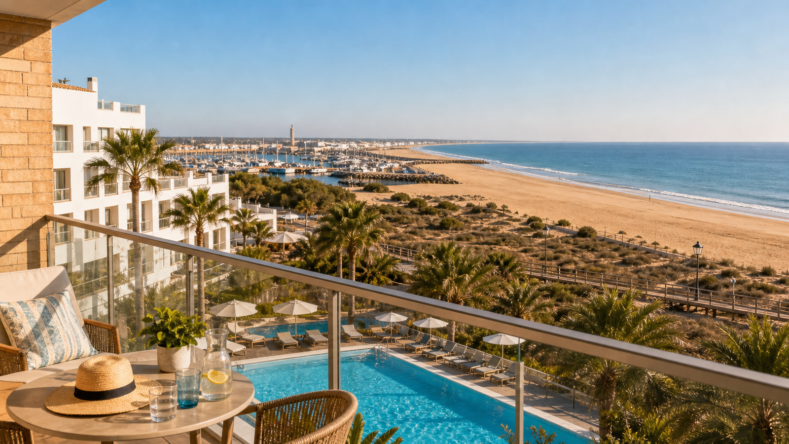 Hotel frente a la playa en Isla Cristina con piscina y costa de Huelva al fondo