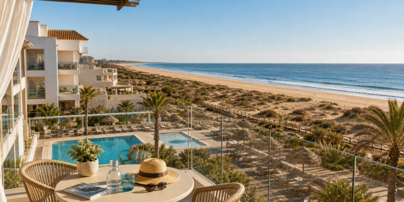 Hotel frente a la playa de Matalascañas con dunas y costa de Huelva al fondo