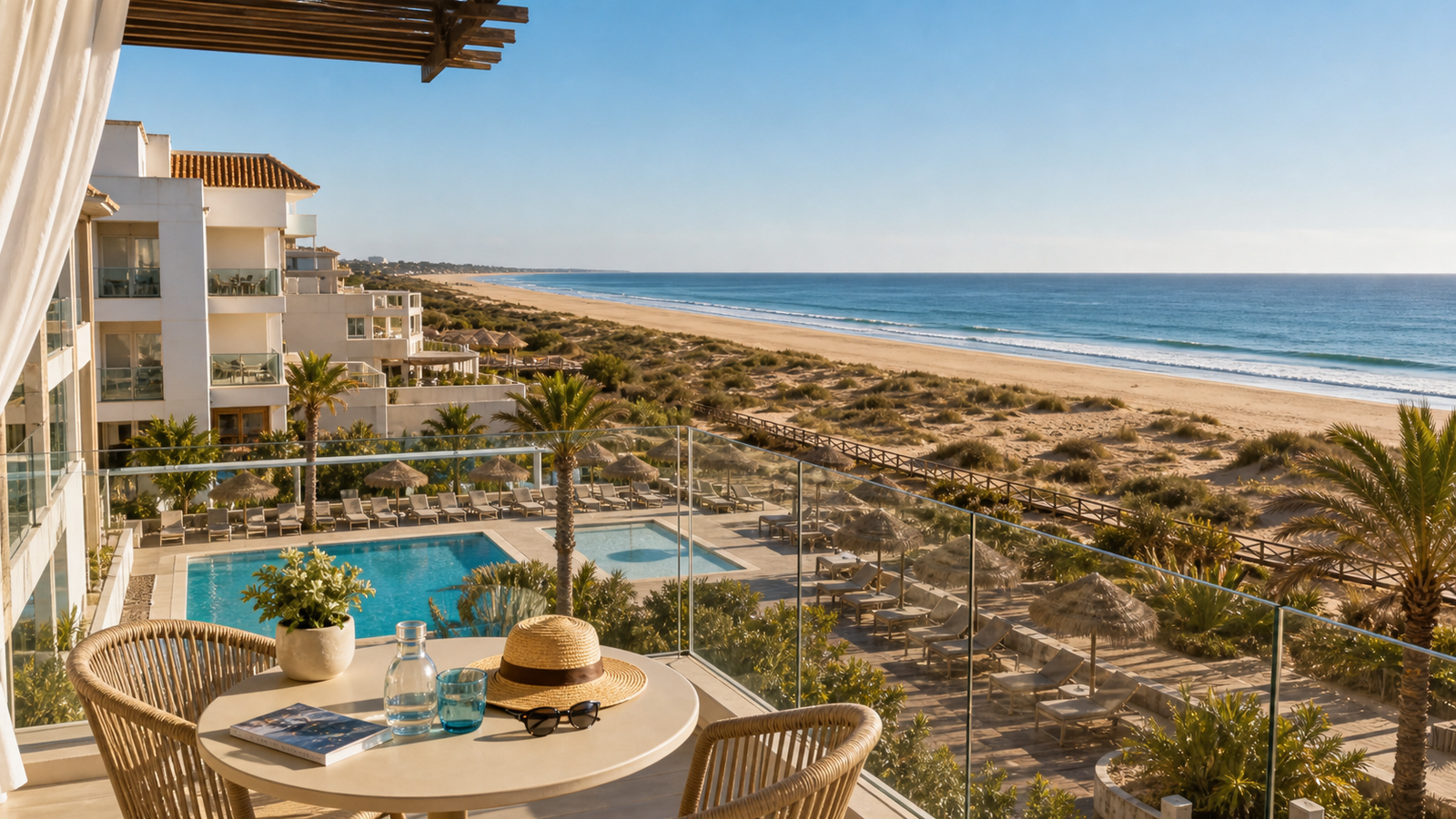 Hotel frente a la playa de Matalascañas con dunas y costa de Huelva al fondo