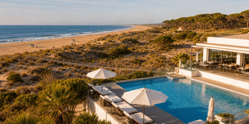 Hotel junto a la playa de Mazagón con dunas y pinar en la costa de Huelva