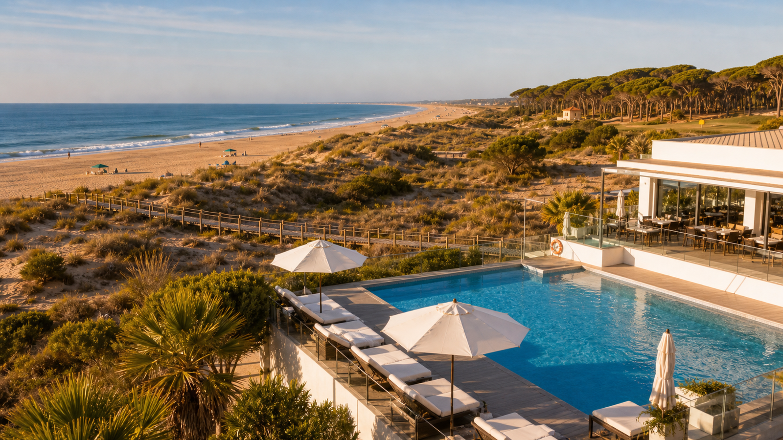 Hotel junto a la playa de Mazagón con dunas y pinar en la costa de Huelva