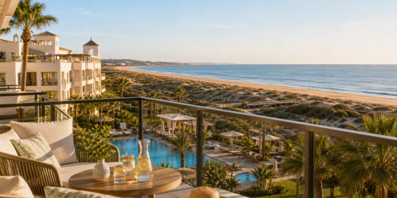 Hotel frente a la playa en Isla Canela con piscina, palmeras y costa de Huelva