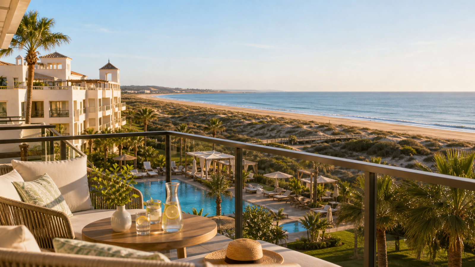 Hotel frente a la playa en Isla Canela con piscina, palmeras y costa de Huelva