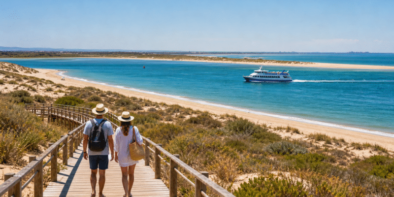 Pasarela de madera hacia una isla del Algarve cerca de Huelva