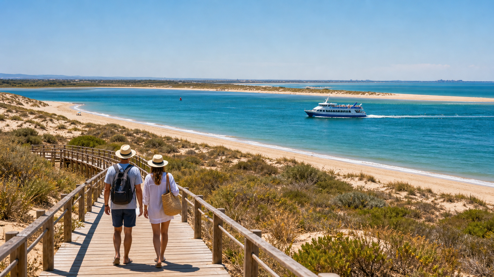 Pasarela de madera hacia una isla del Algarve cerca de Huelva