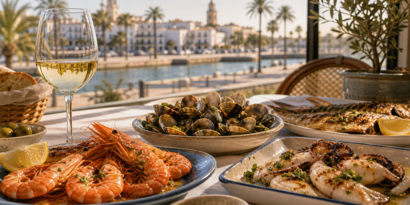 Mesa de marisquería en Huelva con gambas, almejas, pescado y vino blanco
