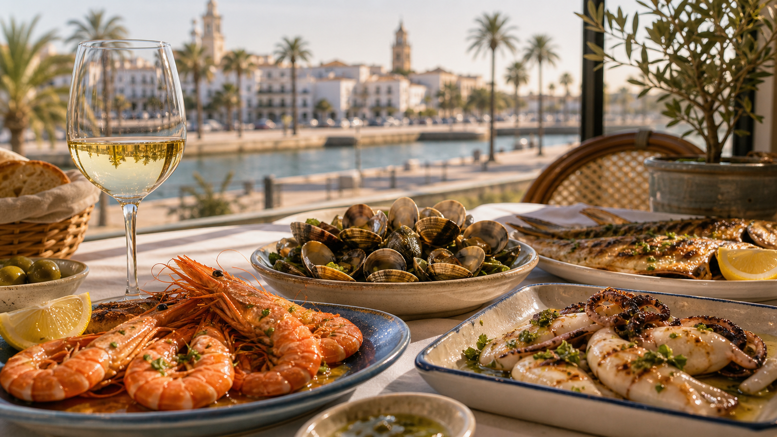 Mesa de marisquería en Huelva con gambas, almejas, pescado y vino blanco