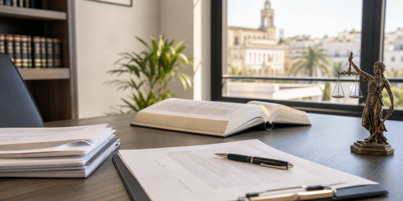 Documentos legales y escritorio profesional para elegir abogados en Huelva
