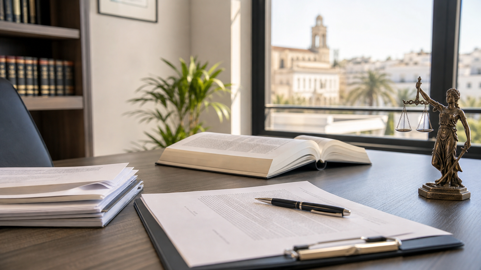 Documentos legales y escritorio profesional para elegir abogados en Huelva