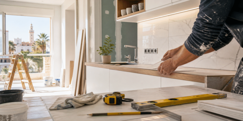 Profesional revisando planos y materiales para una reforma de vivienda en Huelva