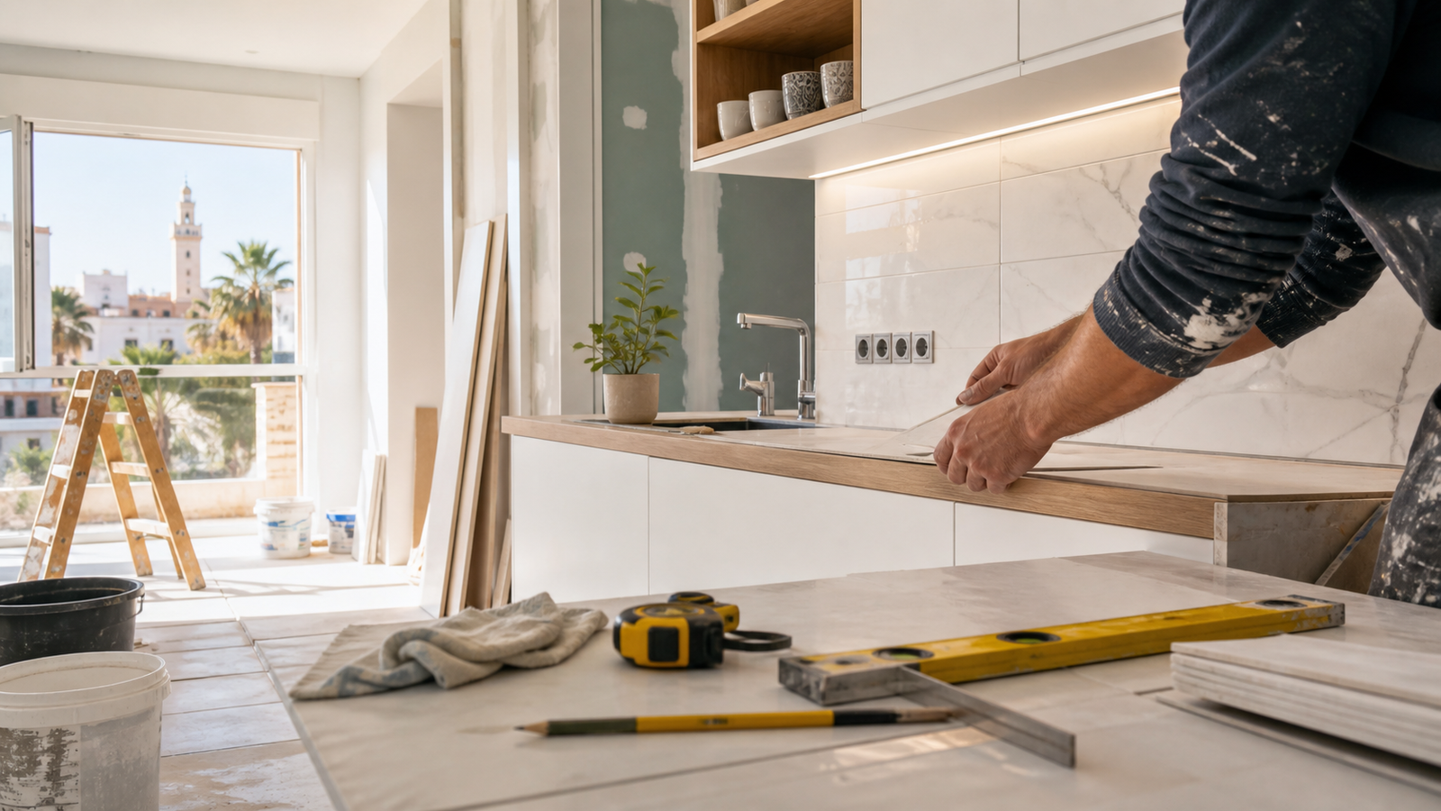 Profesional revisando planos y materiales para una reforma de vivienda en Huelva