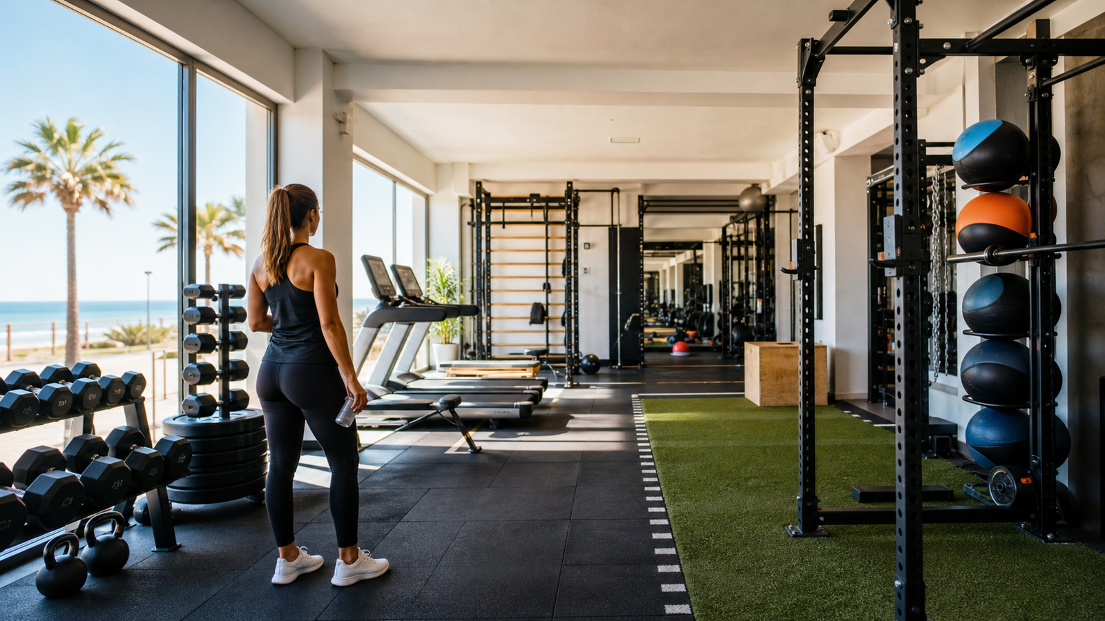 Zona de entrenamiento luminosa para comparar gimnasios en Huelva