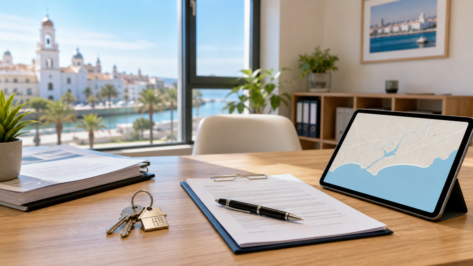 Agente inmobiliario revisando viviendas y precios en Huelva
