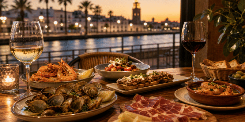 Mesa elegante con tapas, marisco, jamón y vino en un restaurante de Huelva