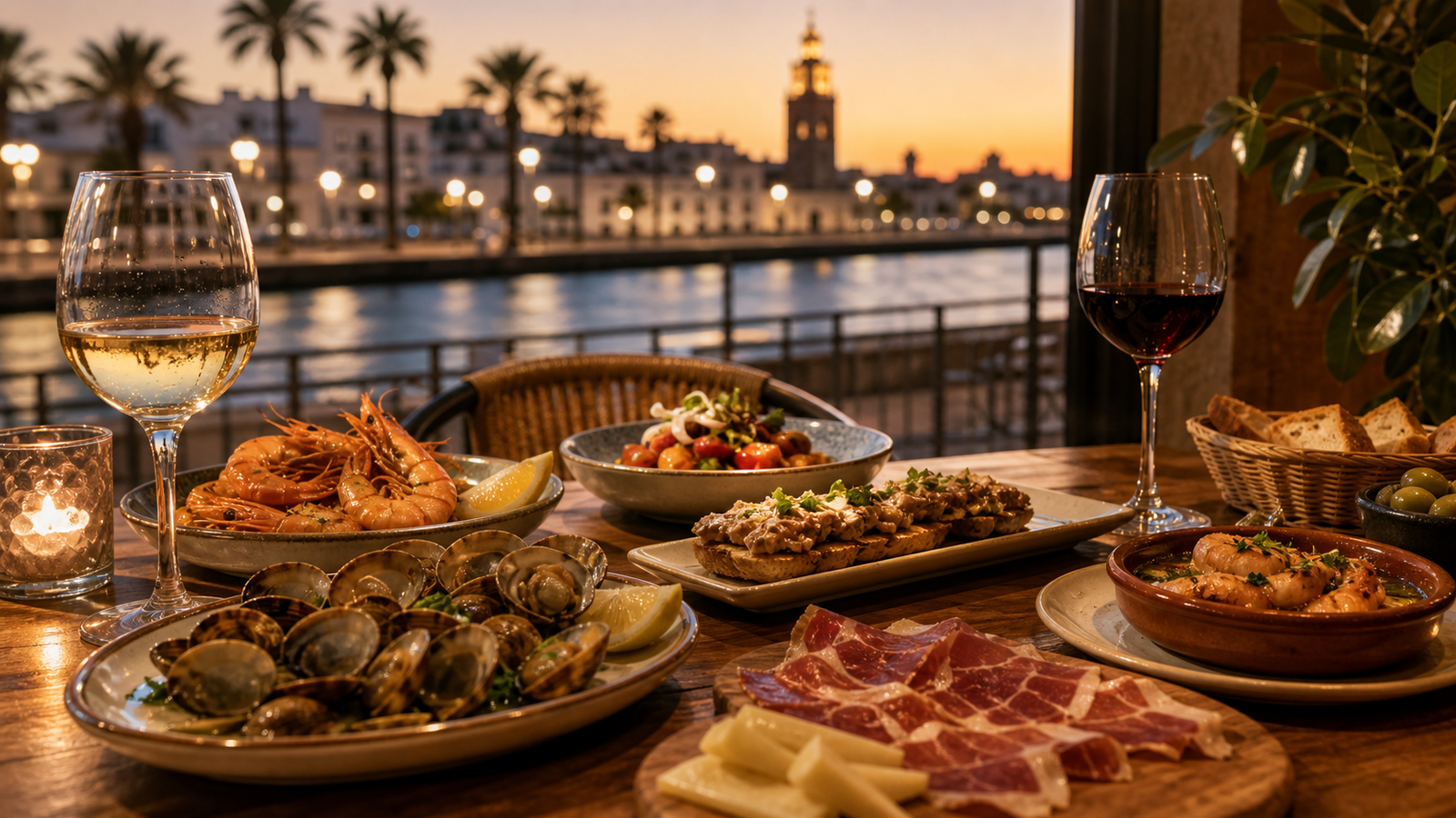 Mesa elegante con tapas, marisco, jamón y vino en un restaurante de Huelva