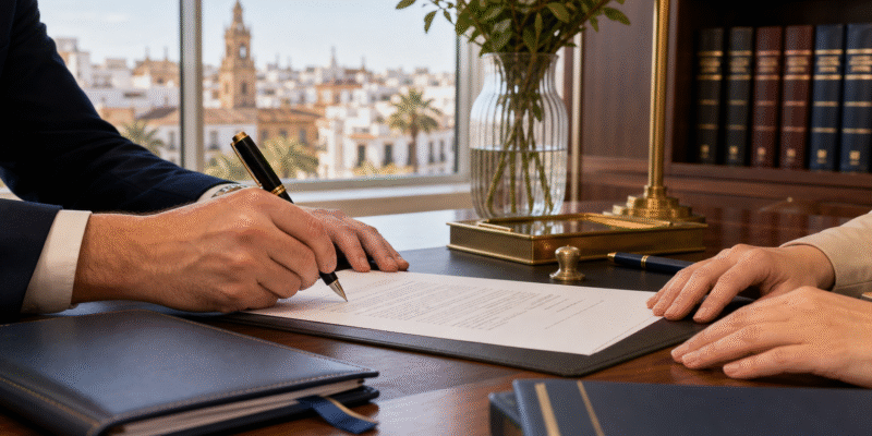 Notaría en Huelva con documentos preparados para firma
