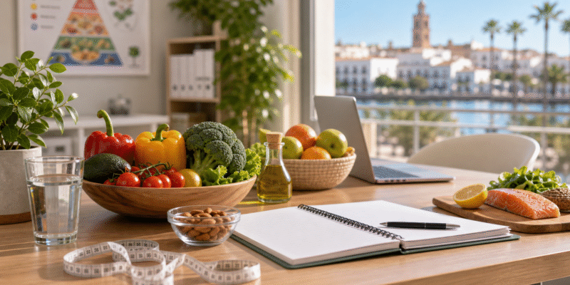 Consulta de nutricionista en Huelva con alimentos mediterráneos, cuaderno y cinta métrica